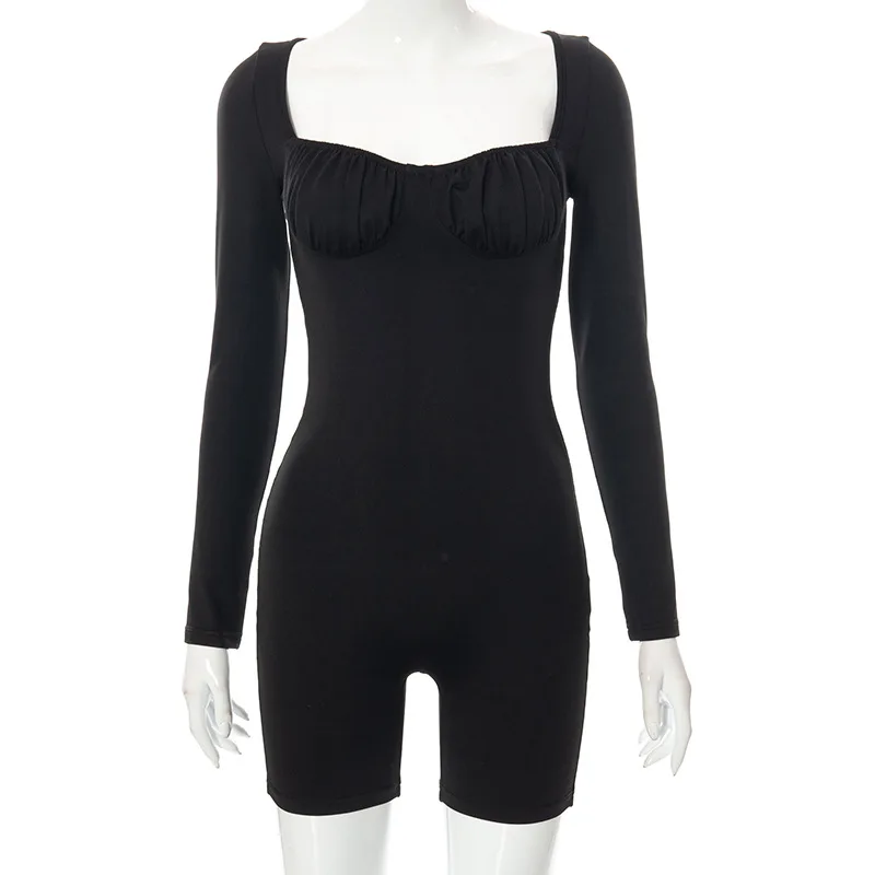 BKLD Rompers Womens Jumpsuit Spring Solid Color Long Sleeve Square Collar Casual Slim One Piece Outfits Shorts Playsuit