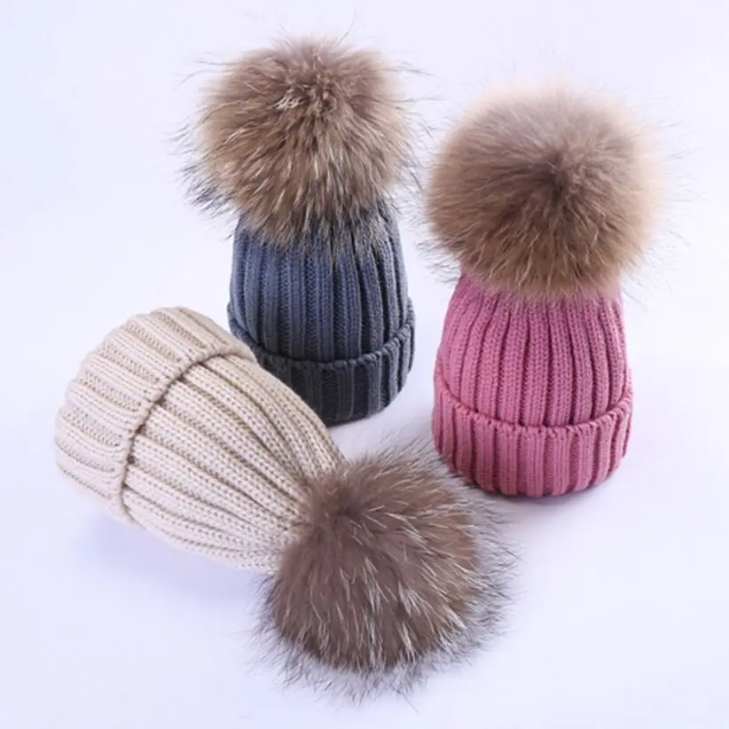 

Women Fluffy Real Fur Pom pom Knitted Beanies Thick Warm Cap Winter Kid Child Warm Ski Skullies Hat Bone Gorros