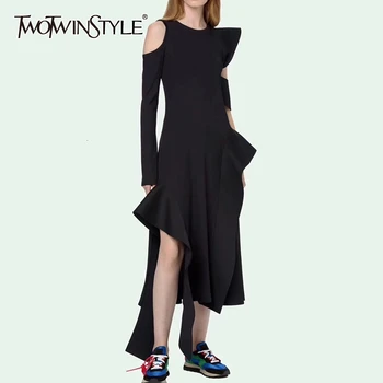 

TWOTWINSTYLE 2020 Autumn Asymmetrical Dresses Female Lapel Collar Puff Sleeve High Waist Bandage Mini Womens Dress Fashion Tide