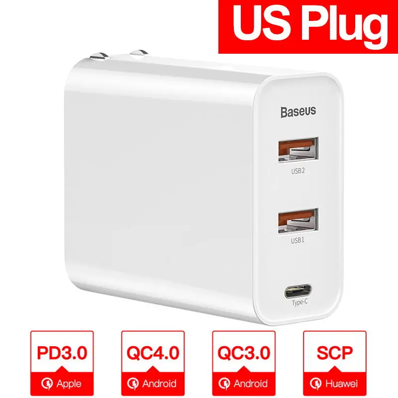 White US Plug Baseus 60 Вт Быстрая зарядка 4,0 3,0 Мульти USB зарядное устройство для iPhone samsung iPad Pro Macbook SCP QC4.0 QC3.0 QC type C PD быстрое зарядное устройство - Тип штекера: White US Plug