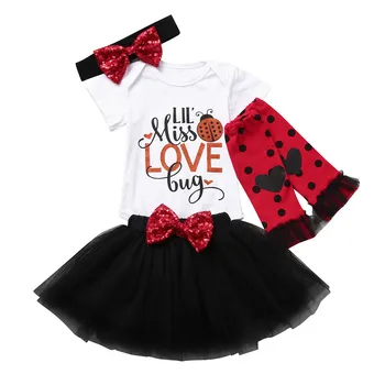 

Infant Baby Girls Valentine's Print Romper letter mesh Skirt Hairband Leg Socks Outfits newborn clothing clothes set 4pcs 0-24M
