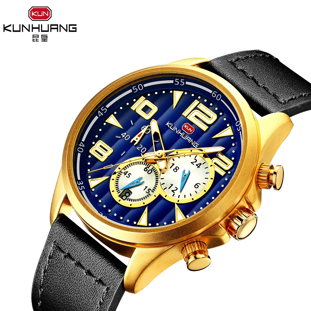 

Casual Sport Watch for Men Leather Strap Chronograph Wristwatch men Business Quartz Watches Mens Relogio Masculino Kun Huang