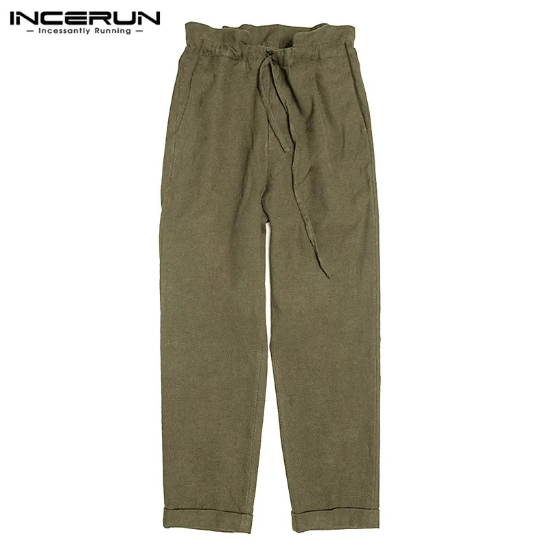 Army Green INCERUN, Ретро стиль, повседневные мужские одноцветные мешковатые Широкие штаны, модные уличные мужские спортивные штаны, джоггеры, хлопок, лен, Джокер, брюки со шнуровкой - Цвет: Army Green