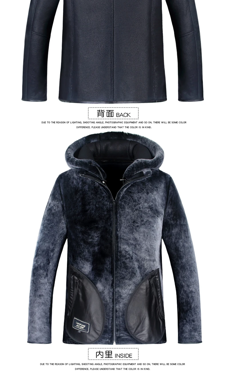 High Quality Men Genuine Leather Coat Sheepskin Mens Hooded Shearling Jacket Leather Winter Jackets Plus Size M-5XL