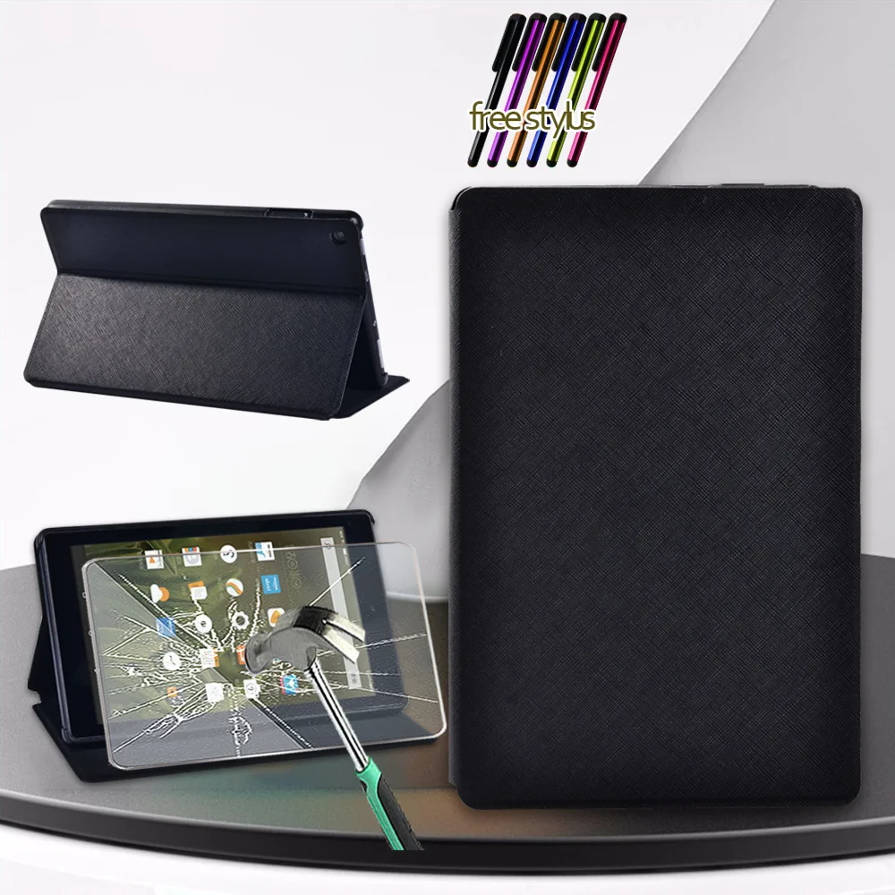 

Case for Fire HD 8/HD 8 Plus/HD 8 (6th 7th 8th Gen) - Black PU Leather Tablet Protective Folio Stand Cover + Tempered Glass Film