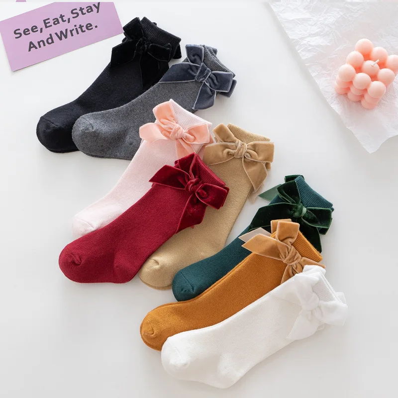 Citgeett Solid Newborn Baby Girls Boys calza alta classica fiocco in velluto di cotone per neonati 0-3Y - immagine 2