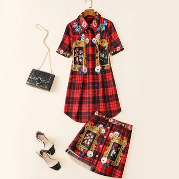 

New red age reducing suit 2020 summer women s Short Sleeve Plaid Shirt half skirt two piece fashion