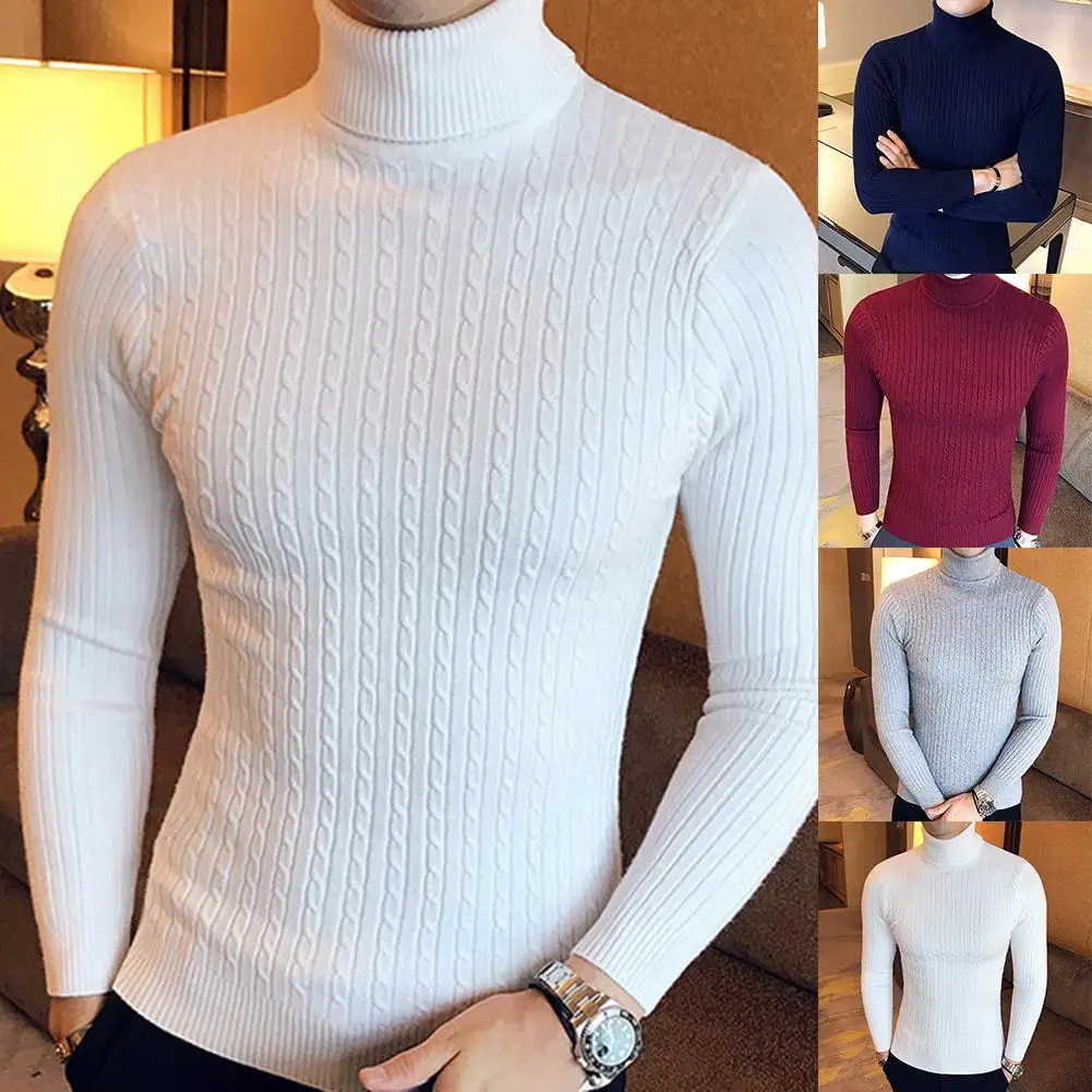 Casual Men Winter Solid Color Turtle Neck Long Sleeve Twist Knitted Slim Sweater Men's Knitted Sweaters Pullover Men Knitwear 1