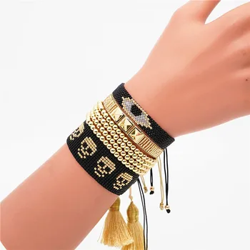 

Shinus Miyuki Evil Eye Bracelet Men Skull Jewelry 2020 Turkish Eye Bracelets Women Handmade Woven Joyeria Gold Stainless Steel