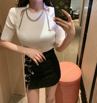 

2020 Spring/Summer Hollow Chain Short-sleeved Knitted T-shirt Solid Color Female Slim-fit Undershirt Basic Tops Women Tees