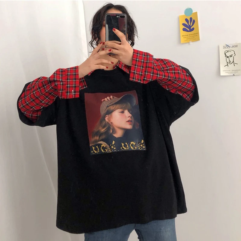 Женские толстовки в Корейском стиле Ulzzang Harajuku модная женская толстовка пэчворк