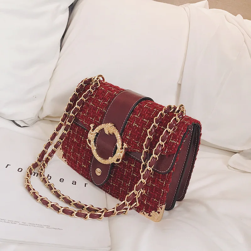 

winter wool check three-dimensional small square bag double-monkey bailing single-shoulder oblique-span female bag