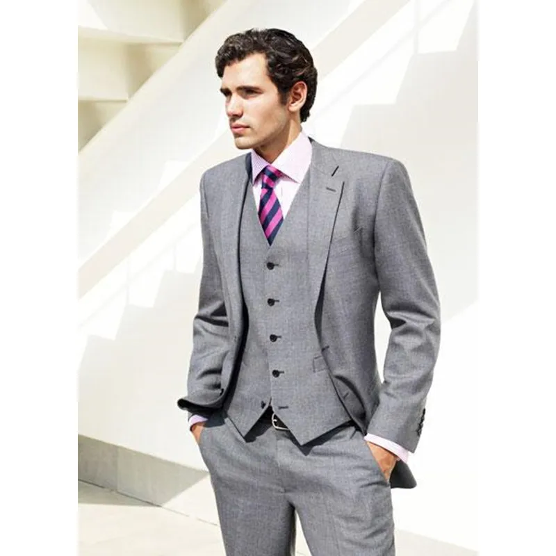 

New Arrival light gray groom tuxedos notched lapel wedding suits for men 3 pieces formal groom (jacket+pant+ Vest) A067