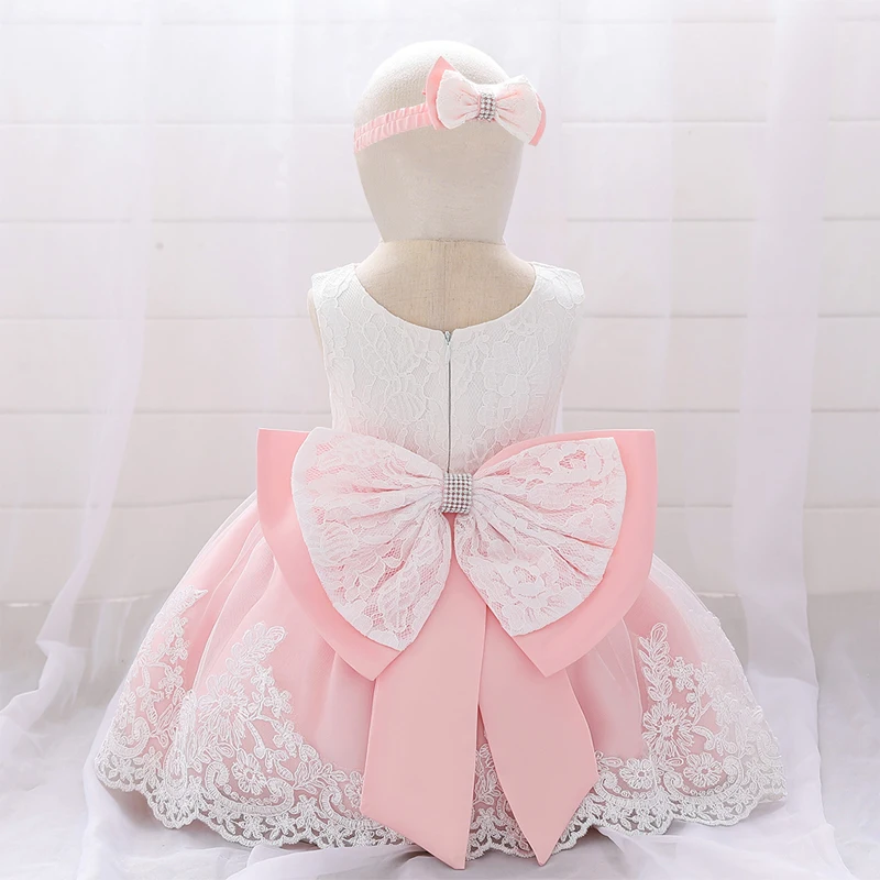 Крещение новорожденного платье для маленьких девочек кружевные вечерние платья с цветочным рисунком платье принцессы на день рождения для маленьких девочек с большим бантом, От 0 до 2 лет L1911XZ - Цвет: peach pink