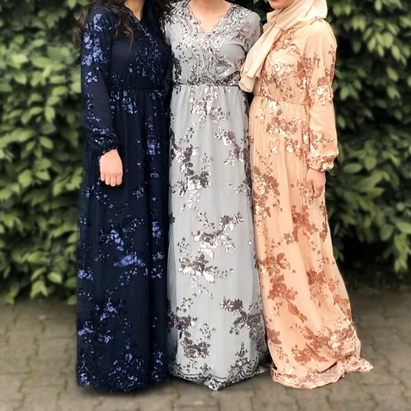 Sequin Abaya Arabic Muslim Dress Women Vestidos Hijab Robe Dubai Dress Kaftan Turkey Islamic Clothing Caftan Marocain Dresses