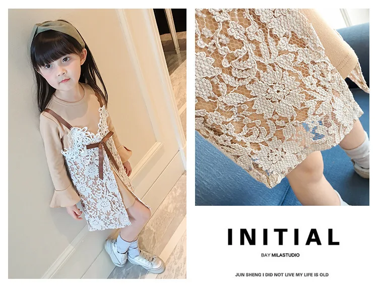 Одежда для маленьких девочек детский пружинный звонок длинный рукав футболка юбка с кружевом на подтяжках комплекты одежды детская одежда
