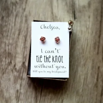

personalize I can't tie the knot without you, we can't, bridesmaid proposal, rose gold knot earring wedding proposal gifts