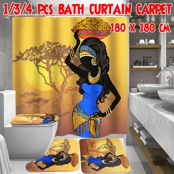 

4pcs/set Exotic African Girls Pattern Shower Curtain Pedestal Rug Lid Toilet Cover Mat Bath Mat Set Bathroom Curtains