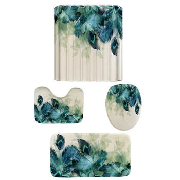 

4Pcs Set Anti-Slip Bathroom Toilet Rug Lid Toilet Cover Bath Mat Shower Curtain Bathroom Decoration