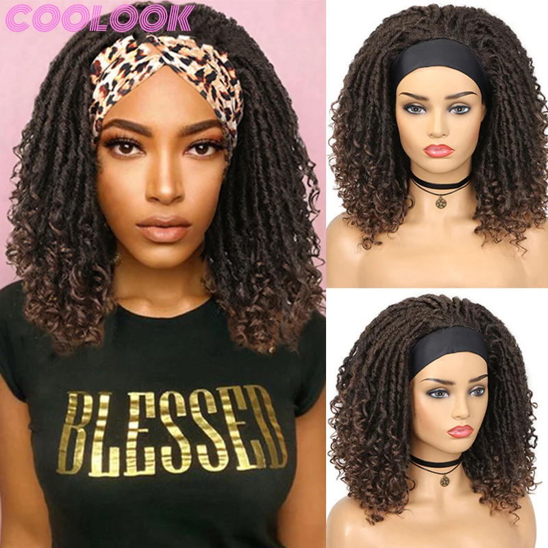Ombre Brown Dreadlocks Braided Headband Wig 14inch Soft Faux Locs