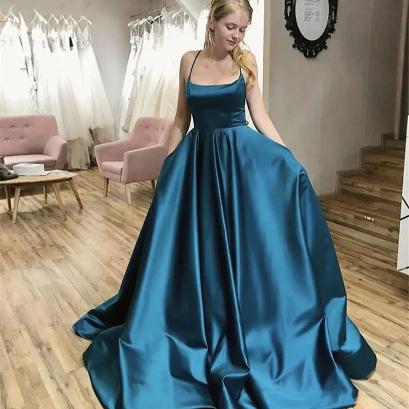 Evening Dresses Sleeveless Floor Length Sweep Train Cross Back Satin Evening Dresses robe de soirée femme vestidos de fiesta2022 womens formal dresses