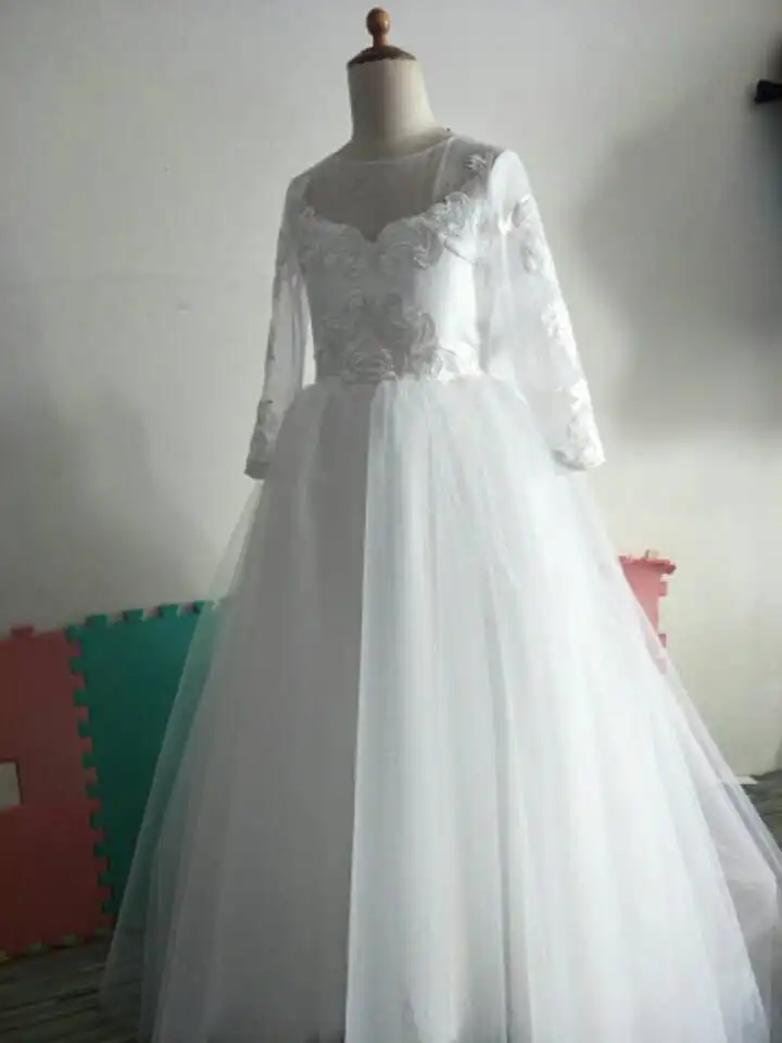 

Elegant O-Neck A-Line Long Sleeve Lace Flower Girls Dresses Illusion Back Tulle Children Wedding Dresses Girls Pageant Dresses