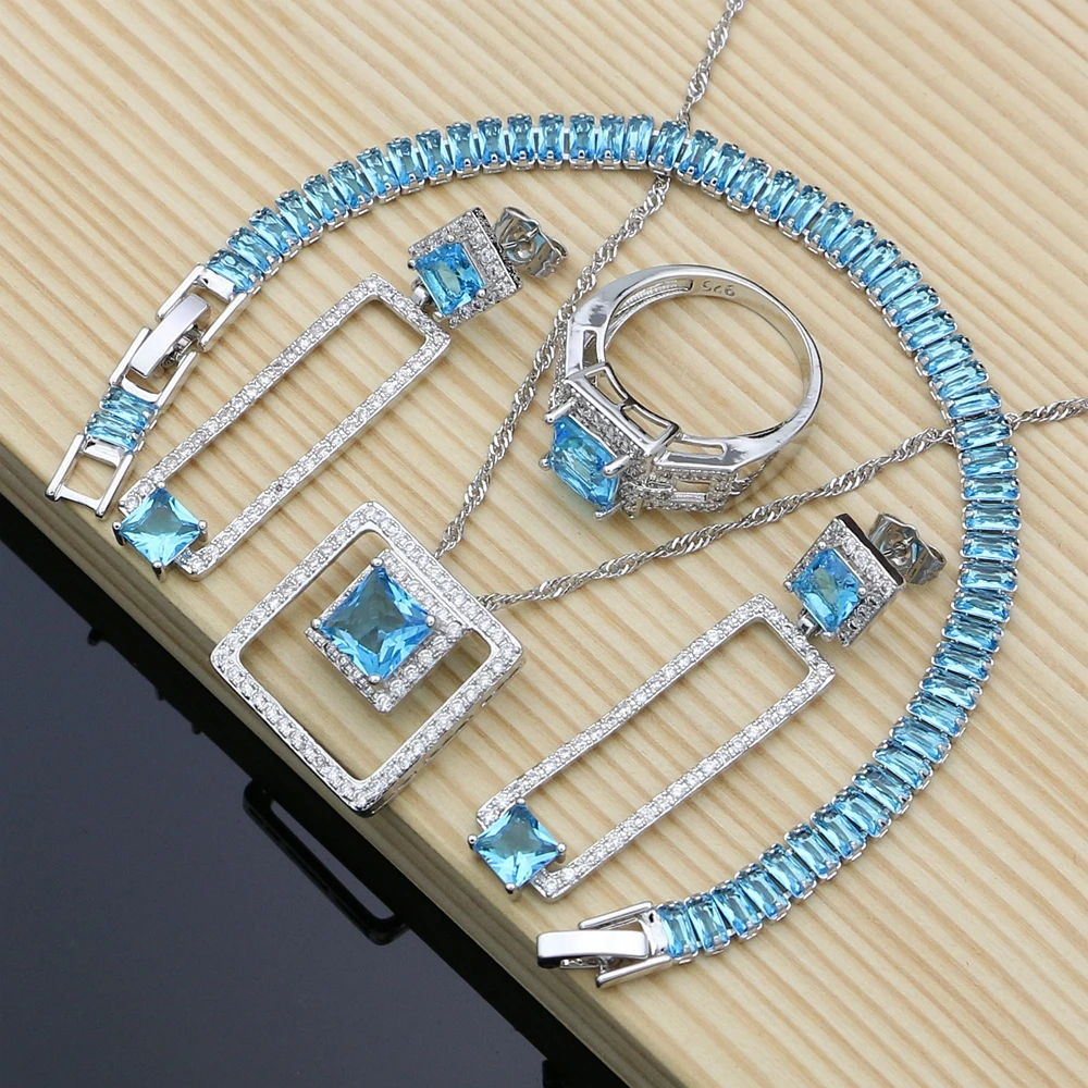 925 серебряные туфли невесты ювелирные комплекты dubai Гипербола синий цирконовый камень для Для женщин вечерние ювелирные изделия серьги/подвеска Цепочки и ожерелья/кольца