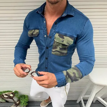 

Helisopus New Camouflage Patchwork Blouse Tops Men Slim Fit Denim Shirts Streetwear Autumn Long Sleeve Tops Camisa Masculina