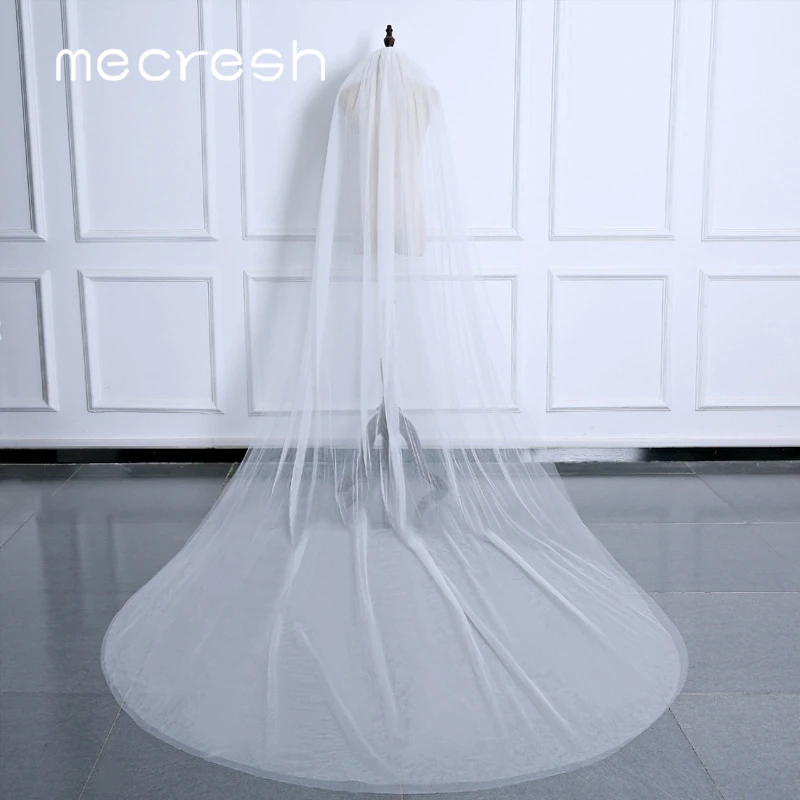 Mecresh 5M White Beige Long Bridal Veils for Women One Layer / Double Layer Cathedral Wedding Veils Accessories with Comb VTS014
