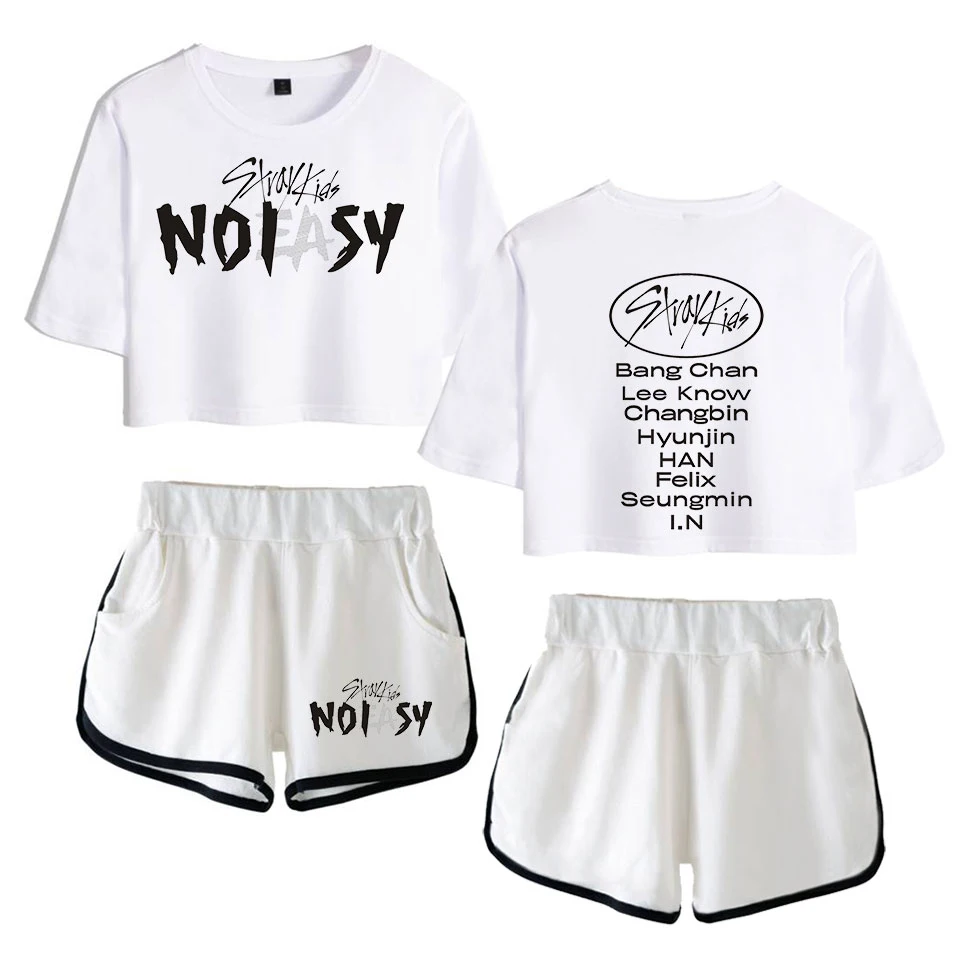 long skirt and top set Kawaii Stray kids SKZ Noeasy Dew navel Sport Girl suits Trendy Youthful Two Piece Set Summer Women Sexy Shorts+lovely T-shirt lounge sets for women