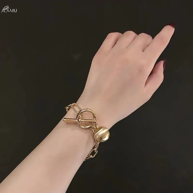 AOMU, новинка, модный тренд, хип-хоп, овальная толстая цепочка, металлический шар, цепь, браслеты для мужчин, женщин, девушек, вечерние ювелирные изделия, подарок