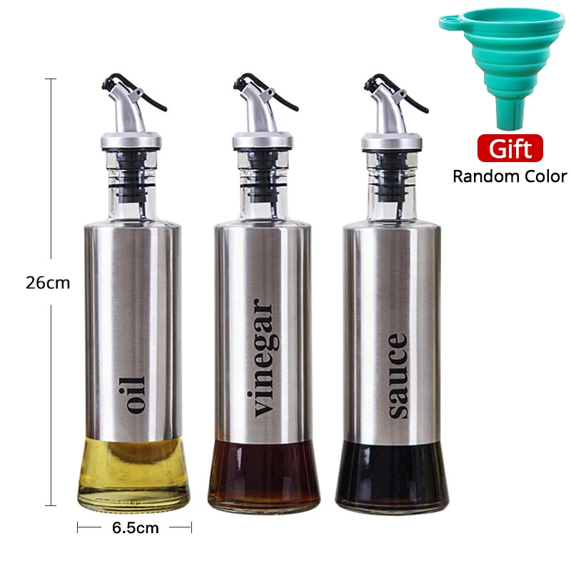 3pcs/Set Stainless Steel +Glass Leakproof Oil Bottle Household Soy Sauce Bottle Seasoning Bottle Oil Vinegar Pot