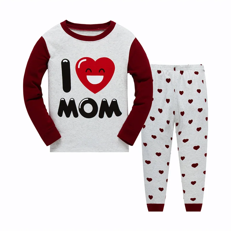 

New Kids Sleepwear Baby Boys Girls I Love Dad Mom Nightwear Long Sleeve Pajamas Sets for 2-7Y