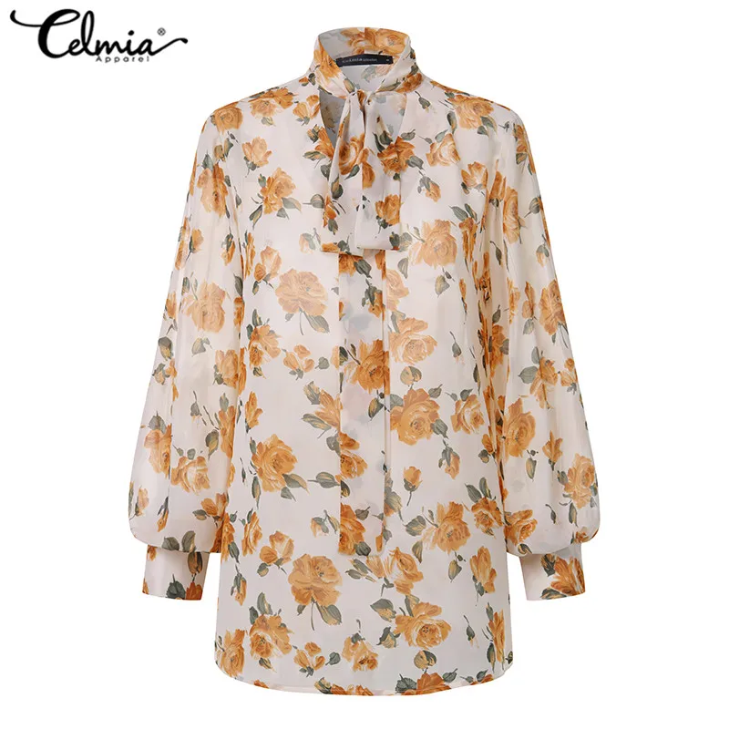  Elegant Women Chic Floral Print Blouses Celmia 2020 Lantern Sleeve Chiffon Shirts Bow Tie Sexy See-