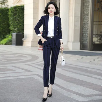 

High Quality Fabric Novelty Wine Striped Women Business Suits with Pants and Blazer Coat Autumn Winter Professional Pantsuits