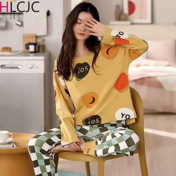 

M-XXL O-Neck Sleepwear for Women Pajamas Sets Cute Nighty Long Sleeves Long Pans Pijamas Pyjamas Femme Cotton Casual Homewear