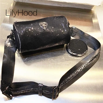 

Lady Fashion Sparkle Shiny Barrel Shaped Handbag with Mini Purse Women Summer Iridescent Paillette Small Cellphone Messenger Bag