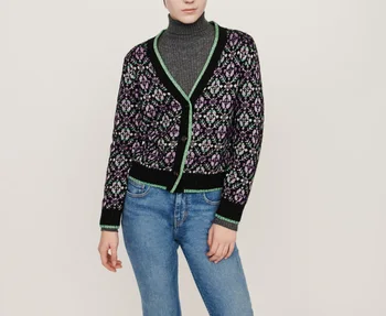 

Women Sweater 2019 Autumn and Winter Bright Silk Contrast Color Piping V-neck Jacquard Knit Cardigan Coat