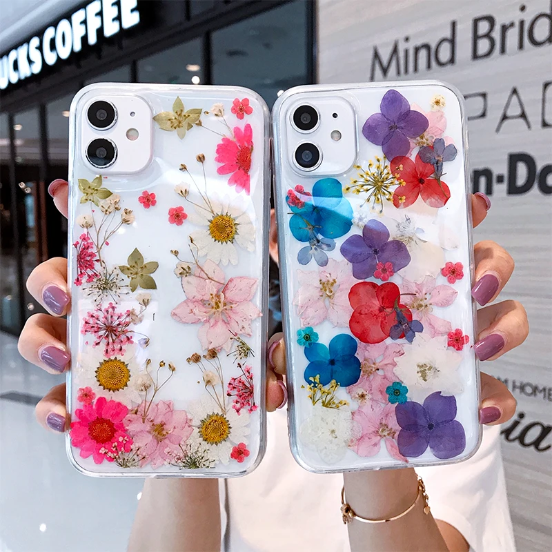 Чехол с высушенными настоящими цветами для iPhone 12 11 Pro Max Mini силиконовый бампер