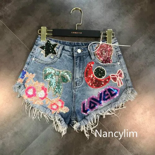 NANCYLIM шипованные Новая модная летняя яркая луна звезда с крупными блестками Джинсовые шорты прилив Для женщин джинсы для девочек шорты модные брюки - Цвет: Синий