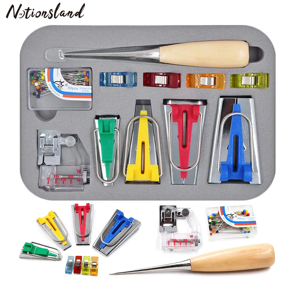 4 Sizes DIY Patchwork Sewing Accessories Tools Set for Quilt Binding Single/Double Fold Bias Tape Maker Tool Kit Set Bias Tape Maker Set Fabric Bias Tape Maker Kit with Binder Foot Clips Pins 