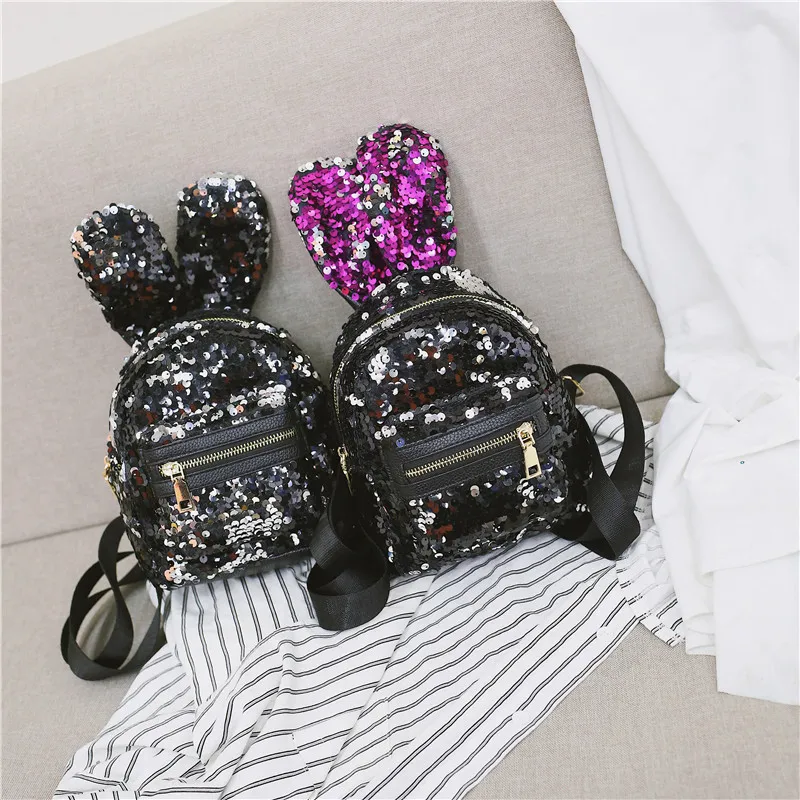 

2019 New Style Versitile Fashion Rabbit Ears Backpack Cute Small Bookbag Colorful Sequin Backpack WOMEN'S Bag Small