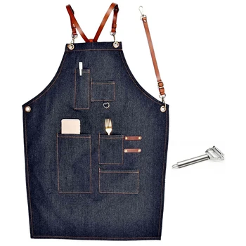 

Aprons Denim Leather Uniform Unisex Adult Jeans Aprons & Dual Fruit Vegetable Peeler and Julienne Peeler Cutter Sharp