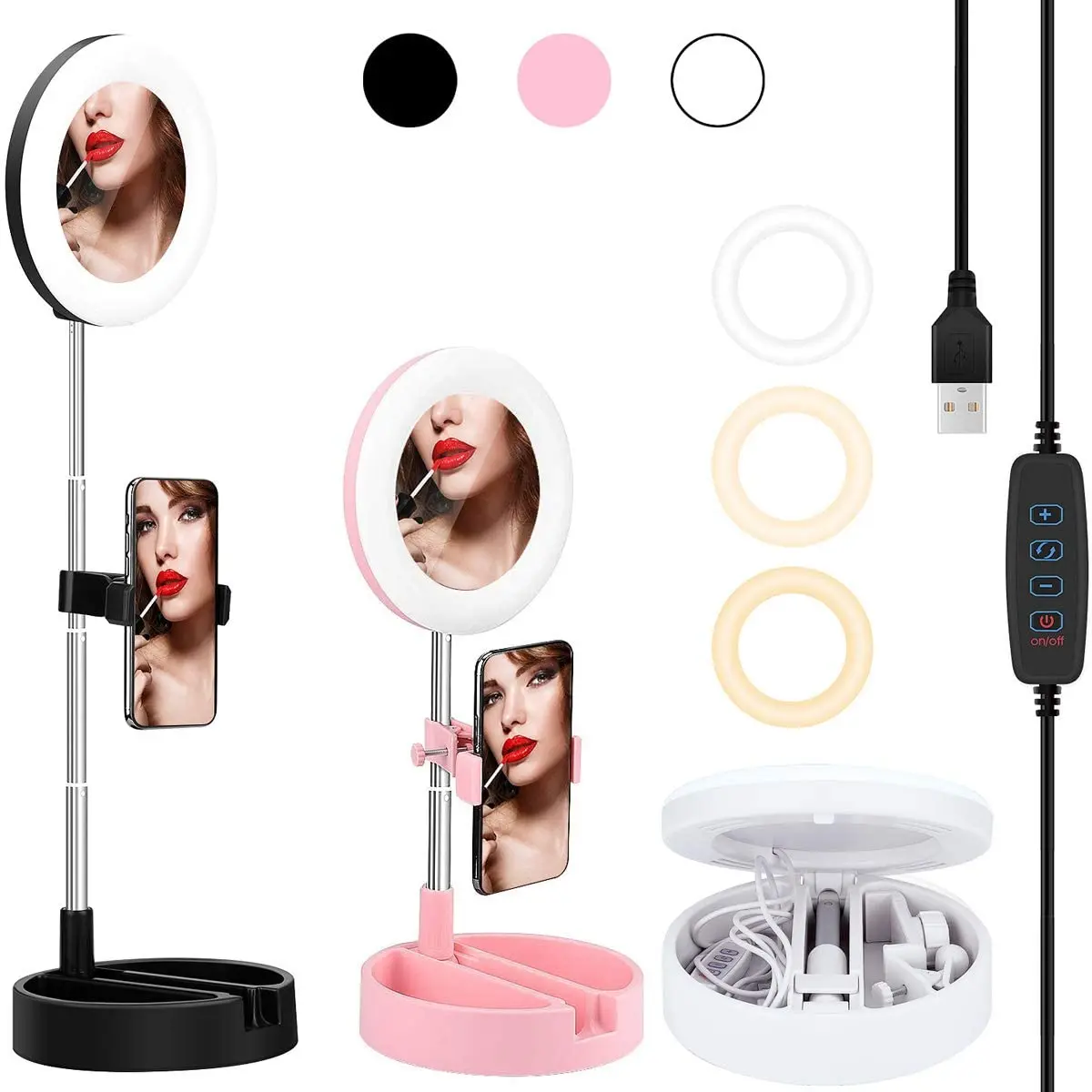 Anillo de luz LED plegable para selfis, iluminación para selfis, estudio de fotografía, lámpara de maquillaje con soporte para teléfono móvil