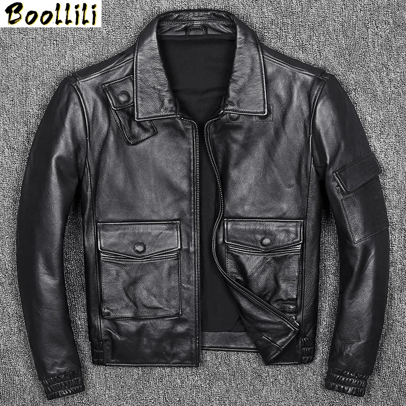 

Boollili Men Leather Jacket Real Cow Leather Coat Oversized Loose 2020 Spring New Fashion Style of Military Short Full