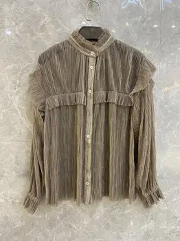 

New Fashion Womens Shining Blouse Light see-through Lady Pleated Shirt and Top Retro Ruffles Trim Blouses and Tops Streetwear