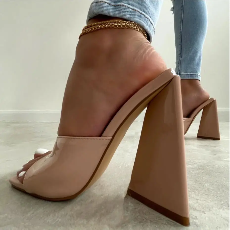 

New Apricot High Heel Slippers Woman Patent Leather Open Toe Sandals Strange Thick Heels Ladies Sexy Runway Show Shoes Size 43