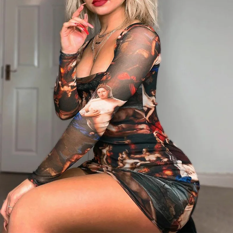 2020 vintage print long sleeve square collar sexy mini dress autumn winter women bodycon party dress streetwear