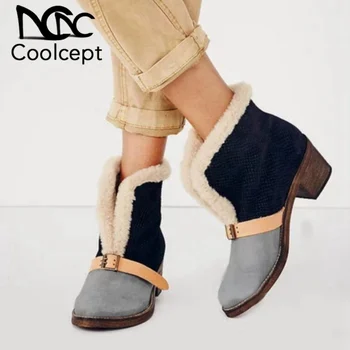 

Coolcept Women Ankle Boots Winter Plush Fur Warm Winter Shoes Women European Buckle High Heels Casual Short Boots Size 34-43