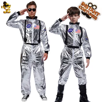 

Halloween Men Kids Astronaut Spaceman Costume Cosplay Alien Sliver Jumpsuit Disguise Astronaut Party Costumes
